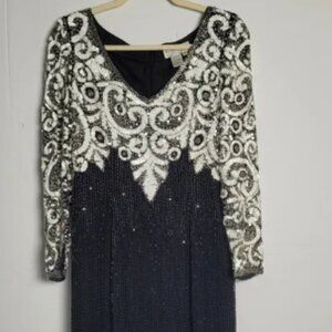 Oleg Cassini Vintage Beaded Black Tie Sequin Dress Black‎ White Silver